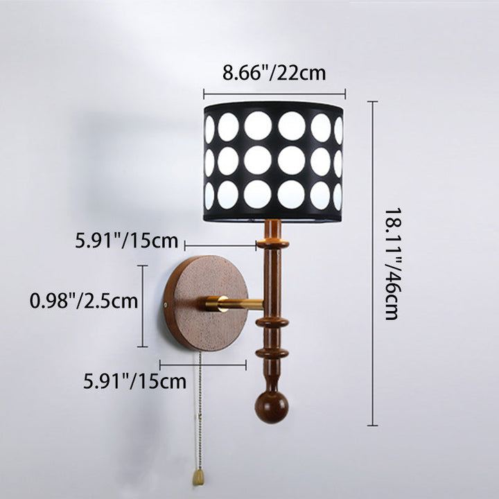 Pantalla cilíndrica de tela con lunares blancos tradicional francesa de madera de fresno 1-luz aplique de pared para dormitorio 