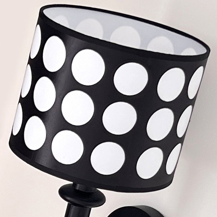 Traditional French White Polka Dot Fabric Cylinder Shade Ash Wood 1-Light Wall Sconce Lamp For Bedroom