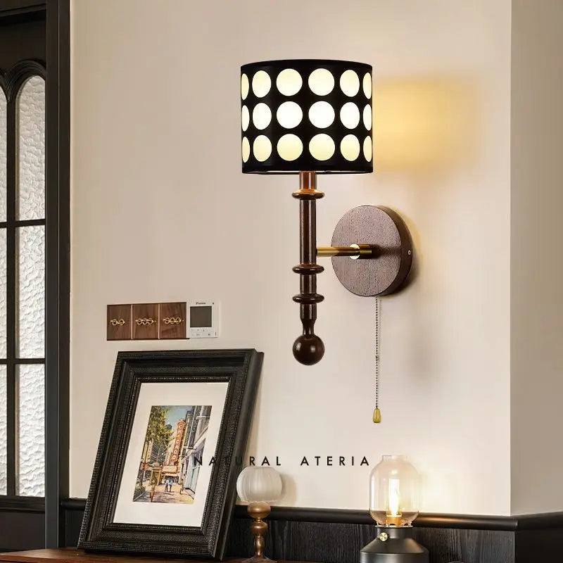 Traditional French White Polka Dot Fabric Cylinder Shade Ash Wood 1-Light Wall Sconce Lamp For Bedroom