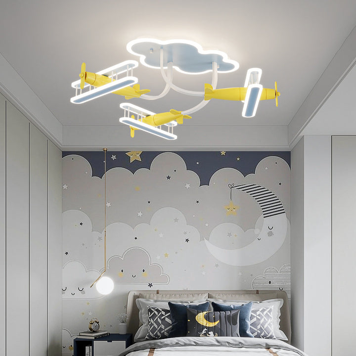 Contemporary Creative Cartoon Solid Wood Plane Acrylic LED Semi-Flush Mount Ceiling Light For Living Room