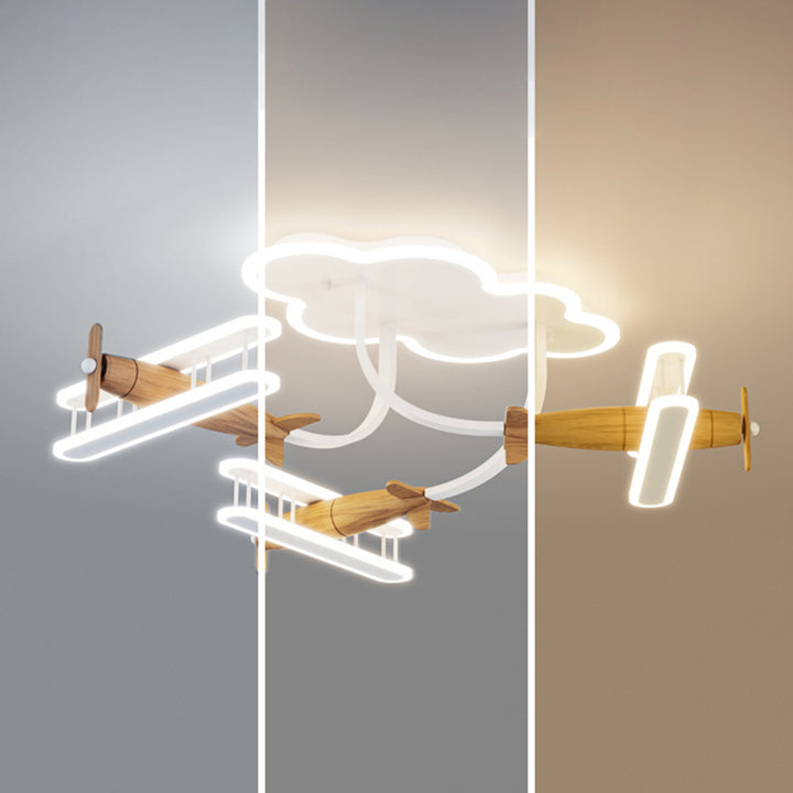 Contemporary Creative Cartoon Solid Wood Plane Acrylic LED Semi-Flush Mount Ceiling Light For Living Room