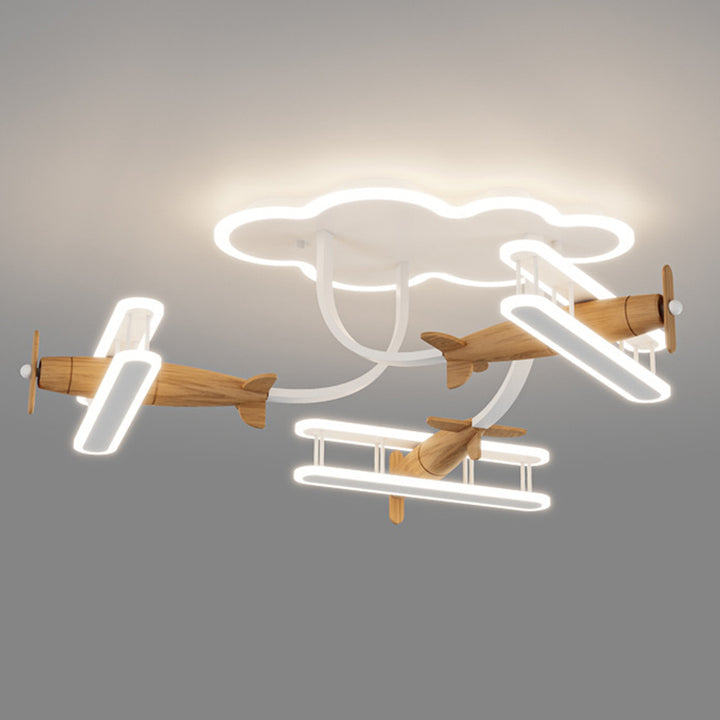 Contemporary Creative Cartoon Solid Wood Plane Acrylic LED Semi-Flush Mount Ceiling Light For Living Room