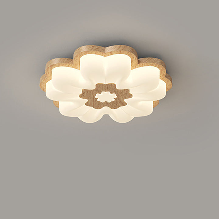 Traditional Vintage Solid Wood Grain PE Flower Shade LED Flush Mount Ceiling Light For Bedroom