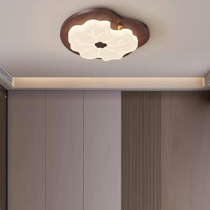 Traditional Japanese Lotus Leaf PE Solid Wood Grain LED Flush Mount Ceiling Light For Bedroom