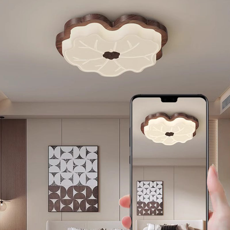 Traditional Japanese Lotus Leaf PE Solid Wood Grain LED Flush Mount Ceiling Light For Bedroom