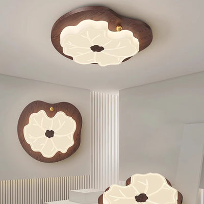 Traditional Japanese Lotus Leaf PE Solid Wood Grain LED Flush Mount Ceiling Light For Bedroom