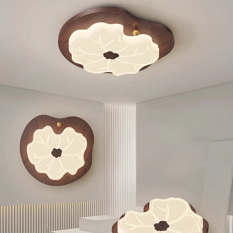 Traditional Japanese Lotus Leaf PE Solid Wood Grain LED Flush Mount Ceiling Light For Bedroom