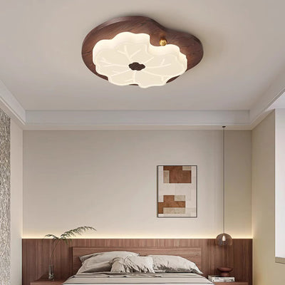 Traditional Japanese Lotus Leaf PE Solid Wood Grain LED Flush Mount Ceiling Light For Bedroom