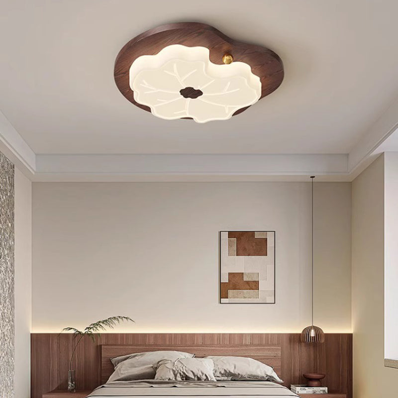 Traditional Japanese Lotus Leaf PE Solid Wood Grain LED Flush Mount Ceiling Light For Bedroom