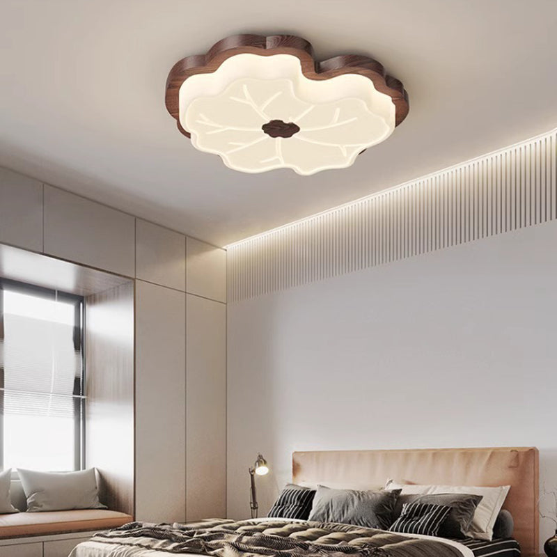 Traditional Japanese Lotus Leaf PE Solid Wood Grain LED Flush Mount Ceiling Light For Bedroom