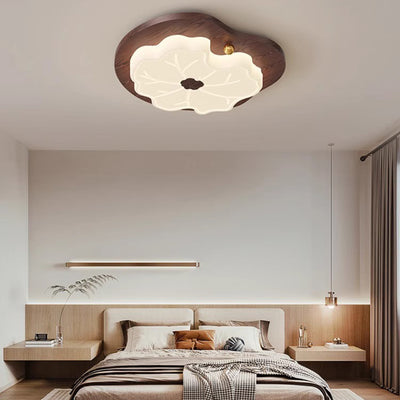 Traditional Japanese Lotus Leaf PE Solid Wood Grain LED Flush Mount Ceiling Light For Bedroom