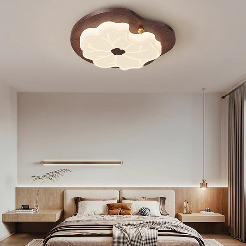 Traditional Japanese Lotus Leaf PE Solid Wood Grain LED Flush Mount Ceiling Light For Bedroom
