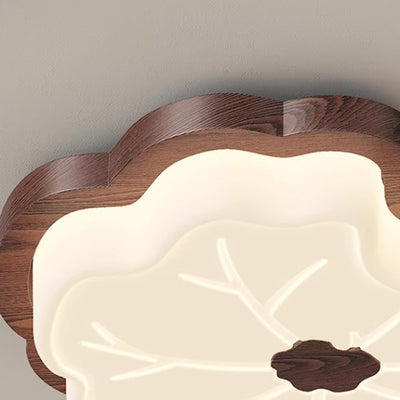 Traditional Japanese Lotus Leaf PE Solid Wood Grain LED Flush Mount Ceiling Light For Bedroom