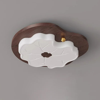 Traditional Japanese Lotus Leaf PE Solid Wood Grain LED Flush Mount Ceiling Light For Bedroom