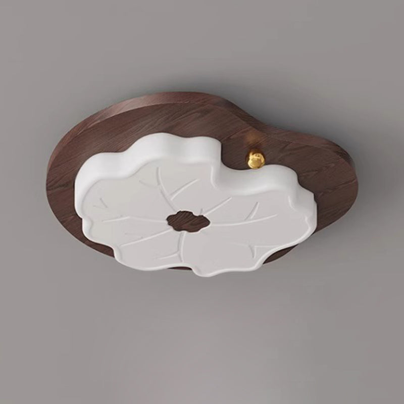 Traditional Japanese Lotus Leaf PE Solid Wood Grain LED Flush Mount Ceiling Light For Bedroom