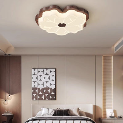 Traditional Japanese Lotus Leaf PE Solid Wood Grain LED Flush Mount Ceiling Light For Bedroom