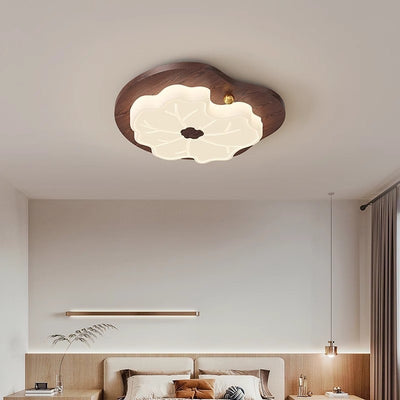 Traditional Japanese Lotus Leaf PE Solid Wood Grain LED Flush Mount Ceiling Light For Bedroom