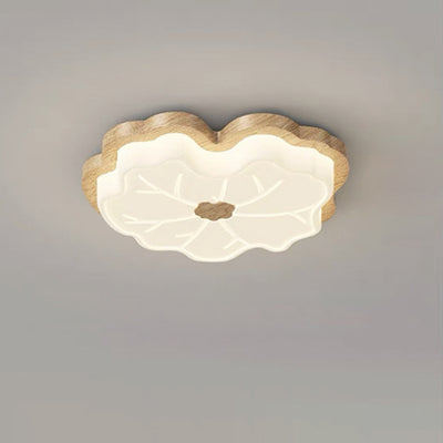 Traditional Japanese Lotus Leaf PE Solid Wood Grain LED Flush Mount Ceiling Light For Bedroom