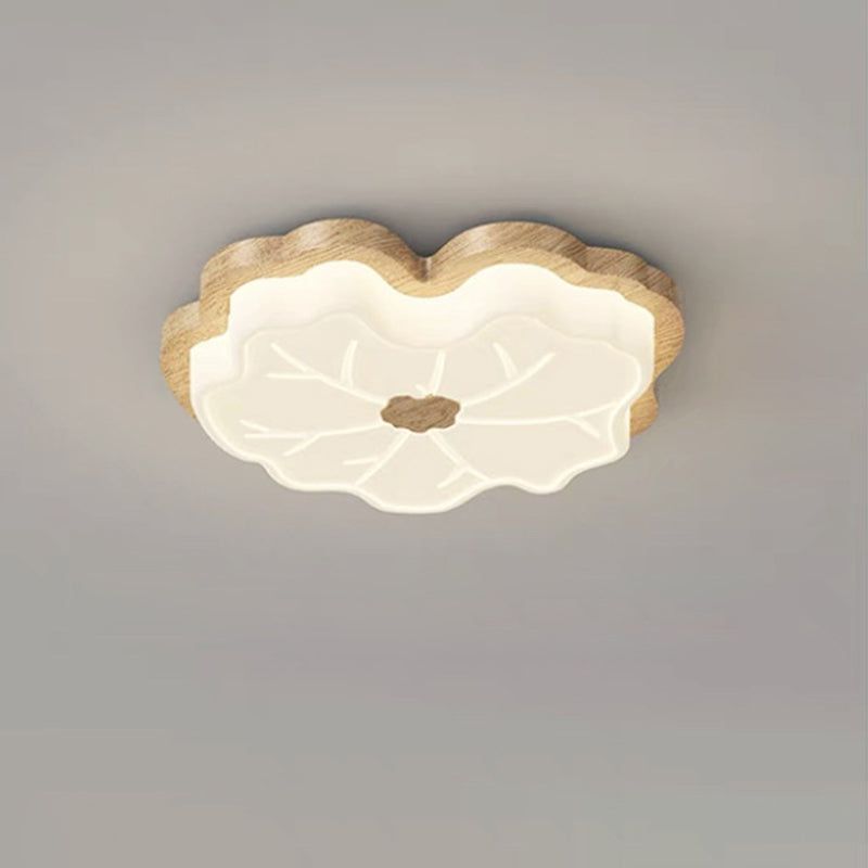 Traditional Japanese Lotus Leaf PE Solid Wood Grain LED Flush Mount Ceiling Light For Bedroom