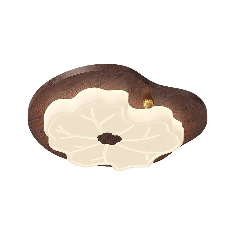 Traditional Japanese Lotus Leaf PE Solid Wood Grain LED Flush Mount Ceiling Light For Bedroom