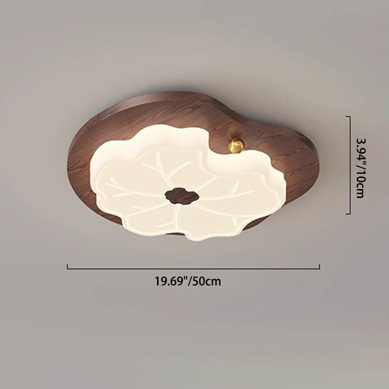 Traditional Japanese Lotus Leaf PE Solid Wood Grain LED Flush Mount Ceiling Light For Bedroom