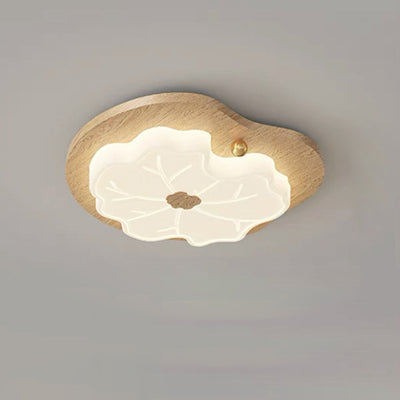 Traditional Japanese Lotus Leaf PE Solid Wood Grain LED Flush Mount Ceiling Light For Bedroom