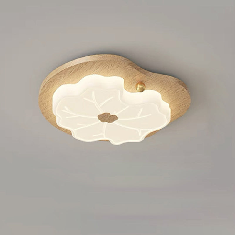 Traditional Japanese Lotus Leaf PE Solid Wood Grain LED Flush Mount Ceiling Light For Bedroom