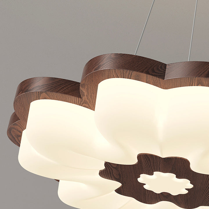 Traditional Vintage Solid Wood Grain PE Flower Shade LED Pendant Light For Bedroom