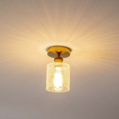 Contemporary Retro Cracked Glass Iron Cylinder 1-Light Semi-Flush Mount Ceiling Light For Living Room