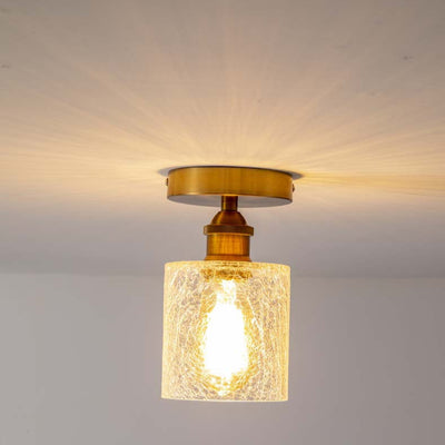 Contemporary Retro Cracked Glass Iron Cylinder 1-Light Semi-Flush Mount Ceiling Light For Living Room