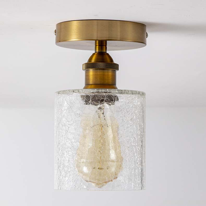 Contemporary Retro Cracked Glass Iron Cylinder 1-Light Semi-Flush Mount Ceiling Light For Living Room