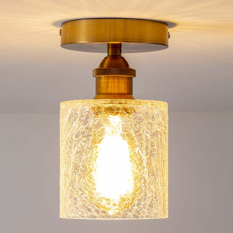 Contemporary Retro Cracked Glass Iron Cylinder 1-Light Semi-Flush Mount Ceiling Light For Living Room