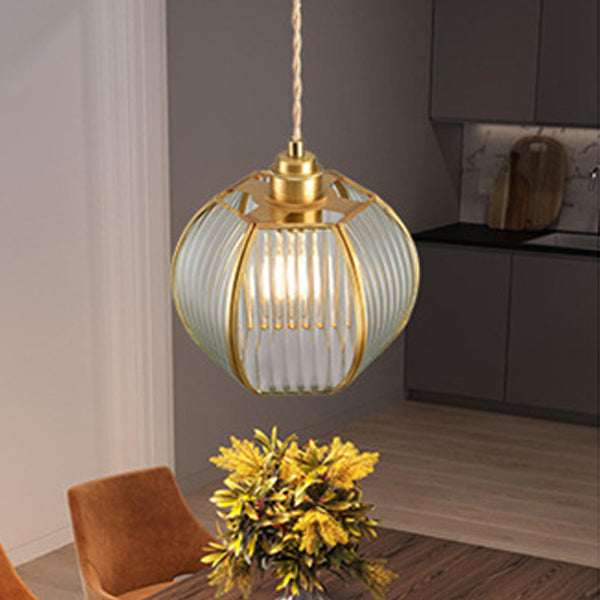 Zeitgenössische Luxus-Pendelleuchte mit vertikal gemustertem Glas, rundem Schirm und Kupfer, 1-Licht für Wohnzimmer 