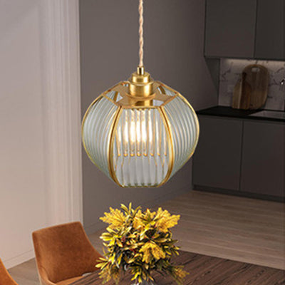 Contemporary Luxury Vertical Grained Glass Round Shade Copper 1-Light Pendant Light For Living Room