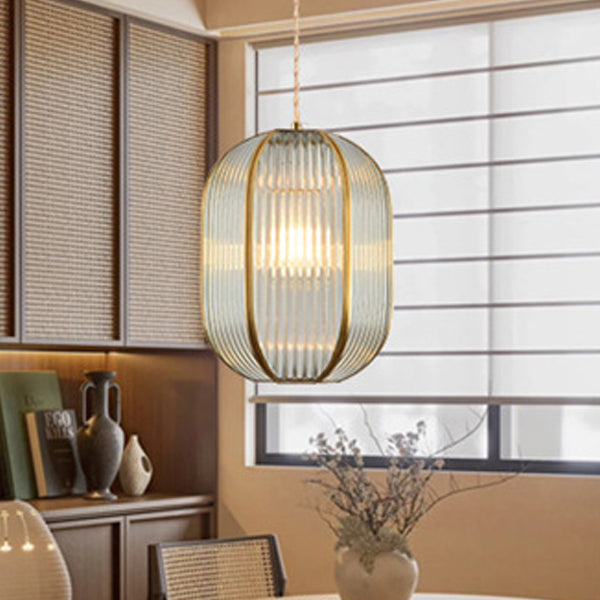 Zeitgenössische Luxus-Pendelleuchte mit vertikal gemustertem Glas, rundem Schirm und Kupfer, 1-Licht für Wohnzimmer 