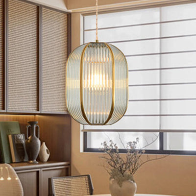 Contemporary Luxury Vertical Grained Glass Round Shade Copper 1-Light Pendant Light For Living Room