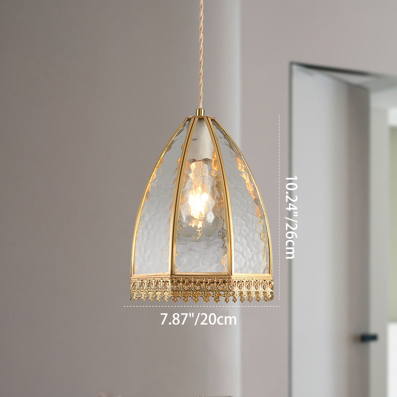 Contemporary Luxury Vertical Grained Glass Round Shade Copper 1-Light Pendant Light For Living Room