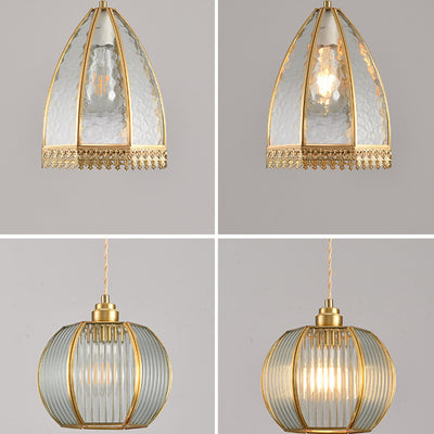 Contemporary Luxury Vertical Grained Glass Round Shade Copper 1-Light Pendant Light For Living Room