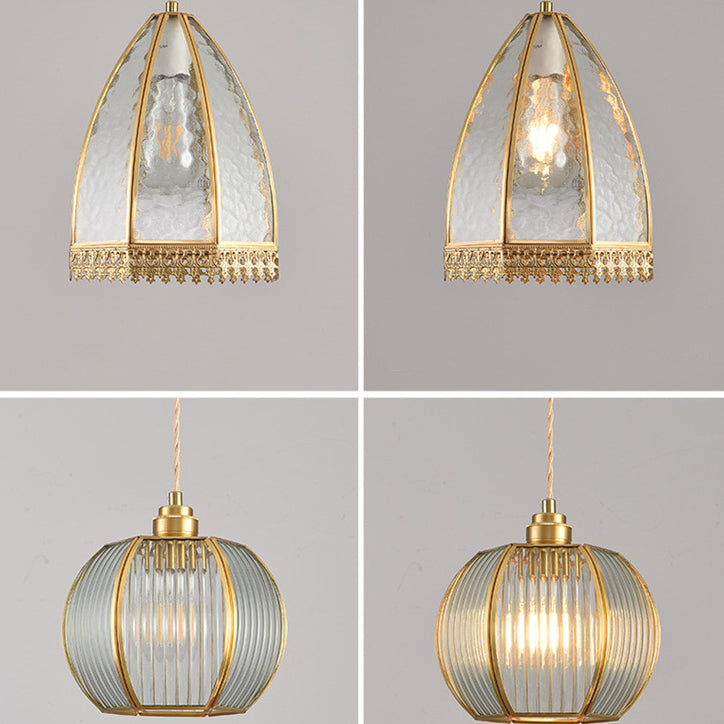 Contemporary Luxury Vertical Grained Glass Round Shade Copper 1-Light Pendant Light For Living Room