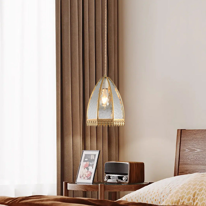 Contemporary Luxury Vertical Grained Glass Round Shade Copper 1-Light Pendant Light For Living Room
