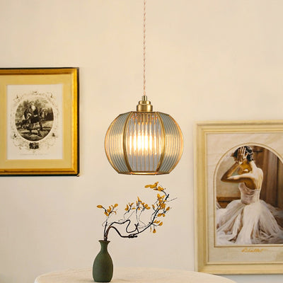 Contemporary Luxury Vertical Grained Glass Round Shade Copper 1-Light Pendant Light For Living Room