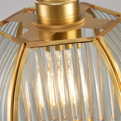 Contemporary Luxury Vertical Grained Glass Round Shade Copper 1-Light Pendant Light For Living Room