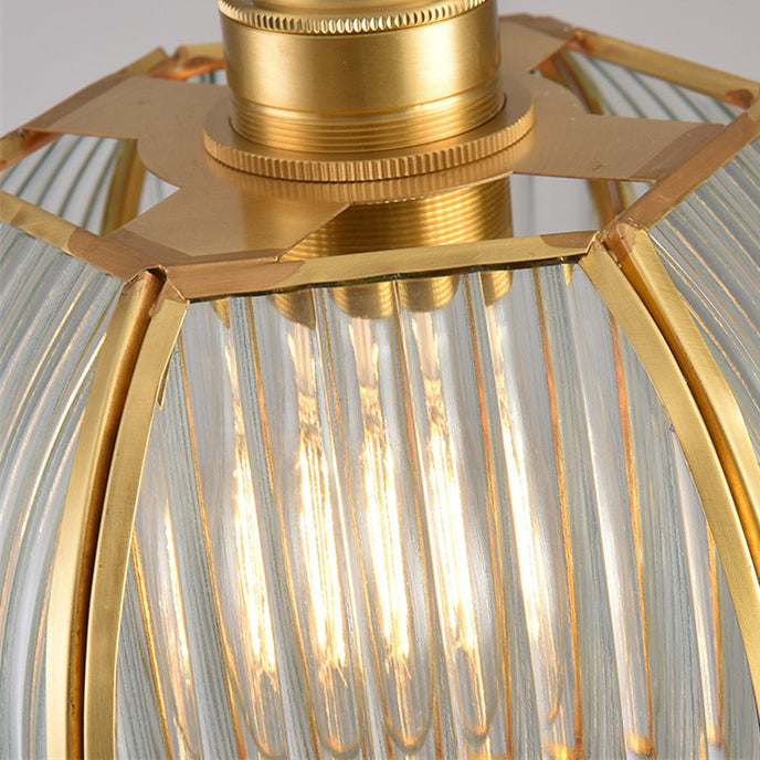 Contemporary Luxury Vertical Grained Glass Round Shade Copper 1-Light Pendant Light For Living Room