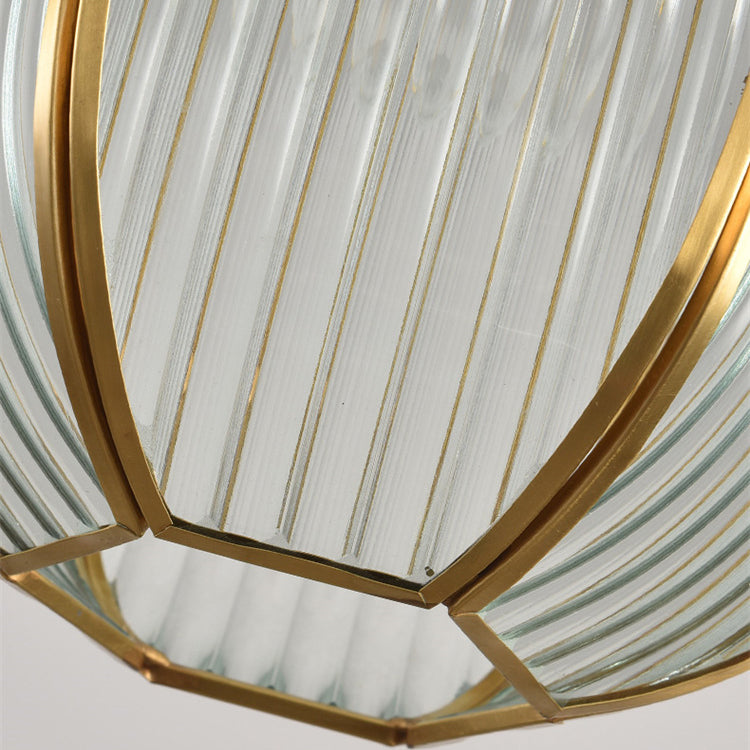 Zeitgenössische Luxus-Pendelleuchte mit vertikal gemustertem Glas, rundem Schirm und Kupfer, 1-Licht für Wohnzimmer 