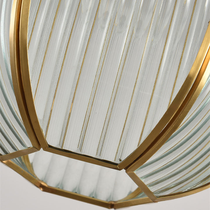 Zeitgenössische Luxus-Pendelleuchte mit vertikal gemustertem Glas, rundem Schirm und Kupfer, 1-Licht für Wohnzimmer 