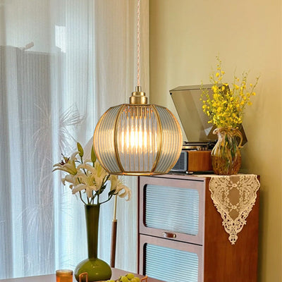 Contemporary Luxury Vertical Grained Glass Round Shade Copper 1-Light Pendant Light For Living Room
