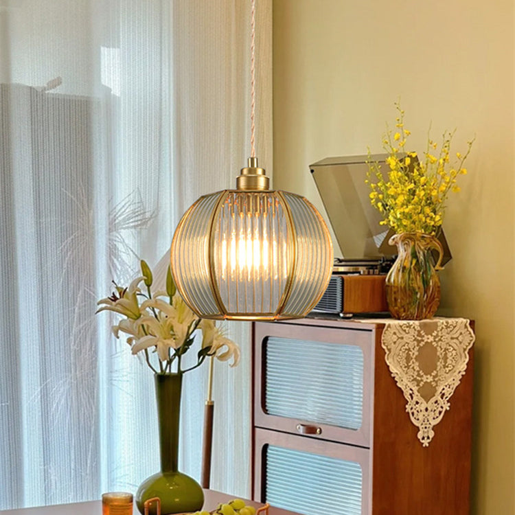 Contemporary Luxury Vertical Grained Glass Round Shade Copper 1-Light Pendant Light For Living Room