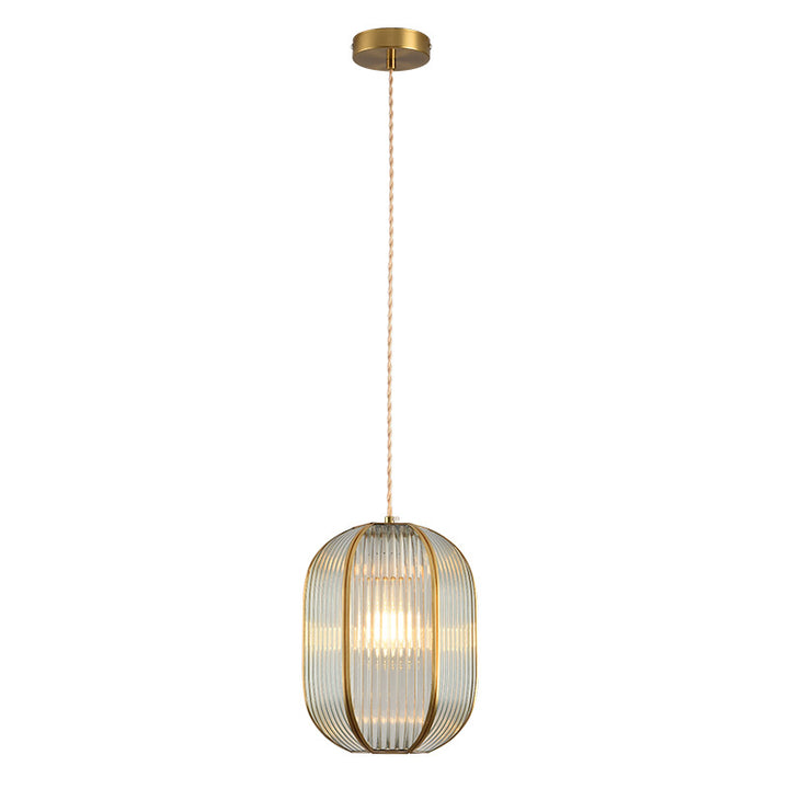 Zeitgenössische Luxus-Pendelleuchte mit vertikal gemustertem Glas, rundem Schirm und Kupfer, 1-Licht für Wohnzimmer 