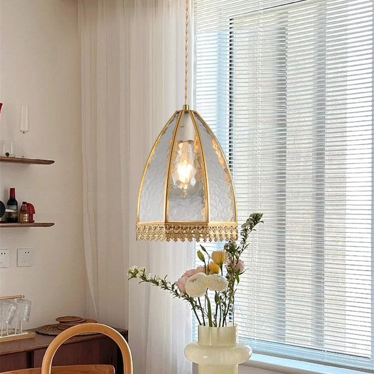 Zeitgenössische Luxus-Pendelleuchte mit vertikal gemustertem Glas, rundem Schirm und Kupfer, 1-Licht für Wohnzimmer 