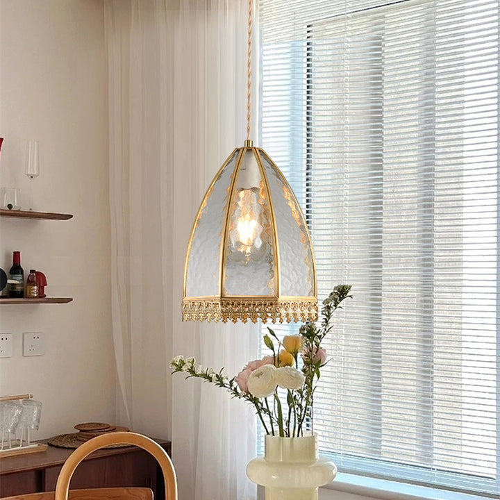 Zeitgenössische Luxus-Pendelleuchte mit vertikal gemustertem Glas, rundem Schirm und Kupfer, 1-Licht für Wohnzimmer 